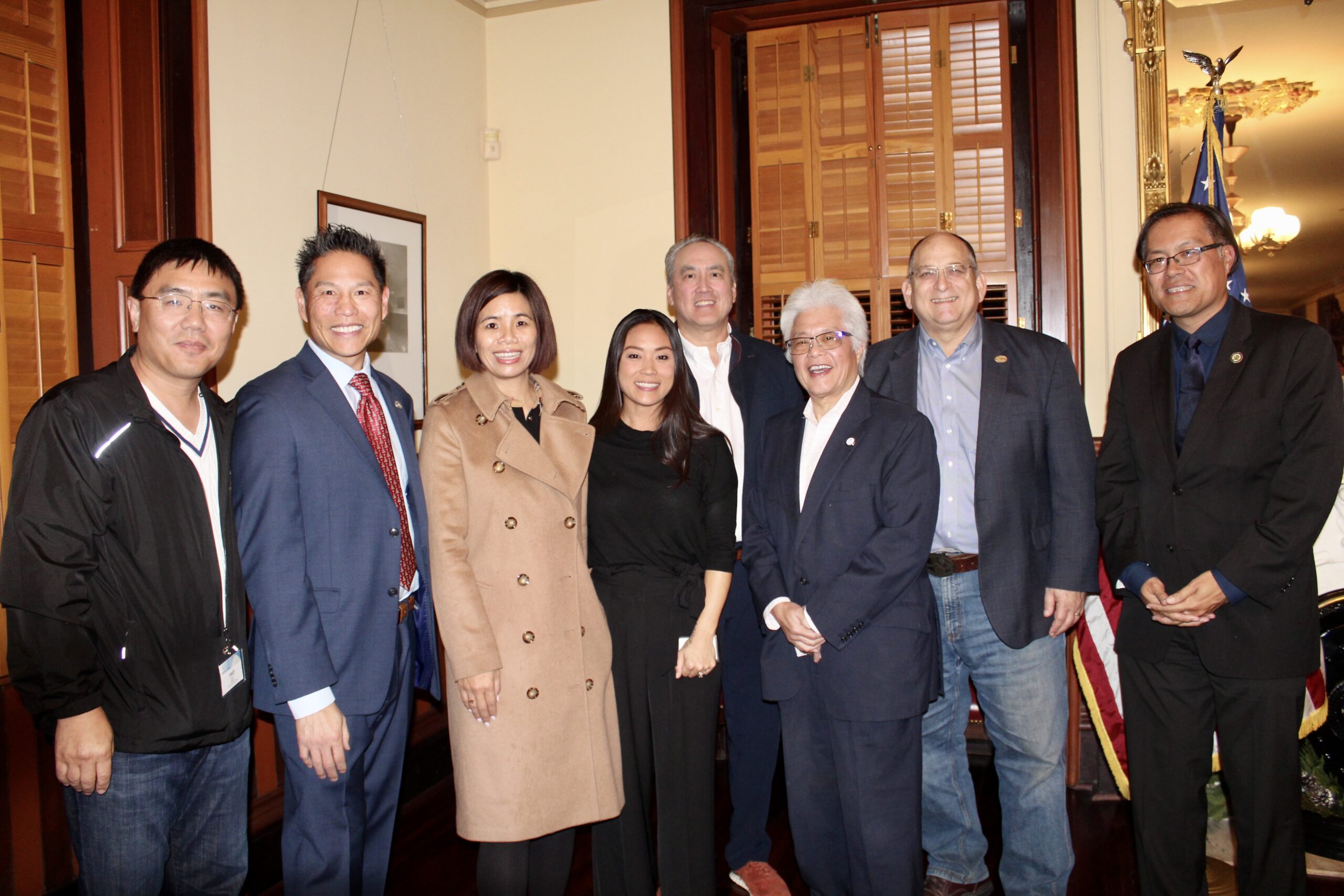 Elected officials in attendance to support the AAPI Lift program (partial). Left to right: Civic Leadership President Andy Li, Elk Grove City Vice Mayor Darren Suen, City of Fremont Vice Mayor Teresa Keng, CalAsian Foundation Executive Director Lauren Oto, AAPI Lift Program Director Rob Fong, Sacramento City Unified School District Trustee Darrel Woo, SMUD Board of Director Gregg Fishman, and California State Assemblymember Mike Fong.